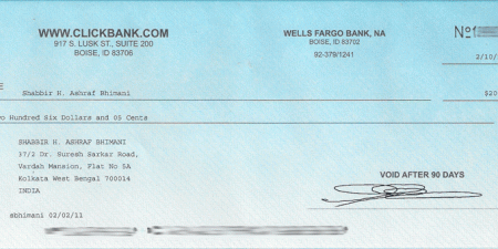 206 USD Clickbank Cheque in India