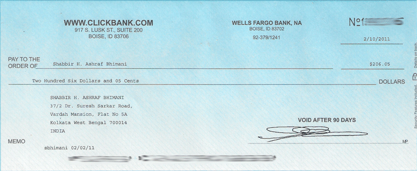 206 USD Clickbank Check to Deposit in Indian Bank