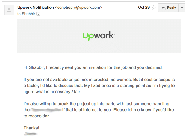 Upwork Decline Invite Email Screenshot