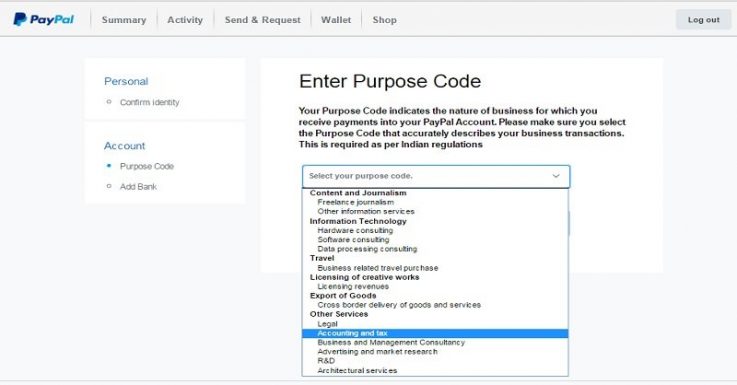 Purpose Code Dropdown inside the Indian PayPal Account