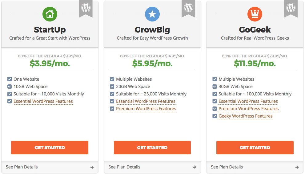 siteground plans for building a WordPress website