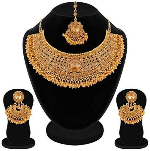 Apara Bridal Gold Plated Pearl LCT Stones Necklace Set For Women (Golden)