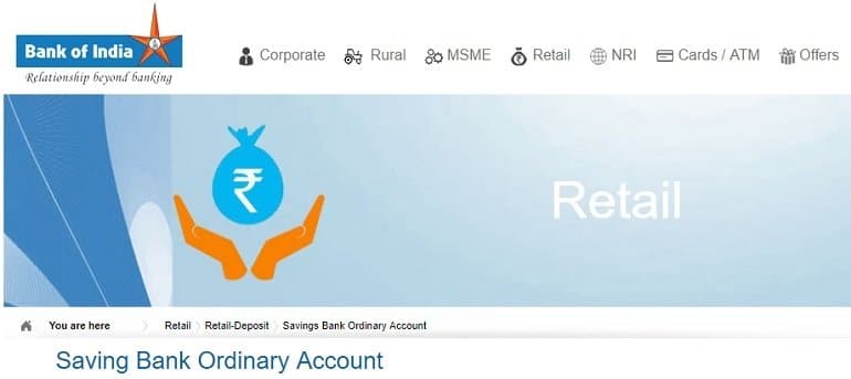 Bank of India Saving Bank Ordinary Account.