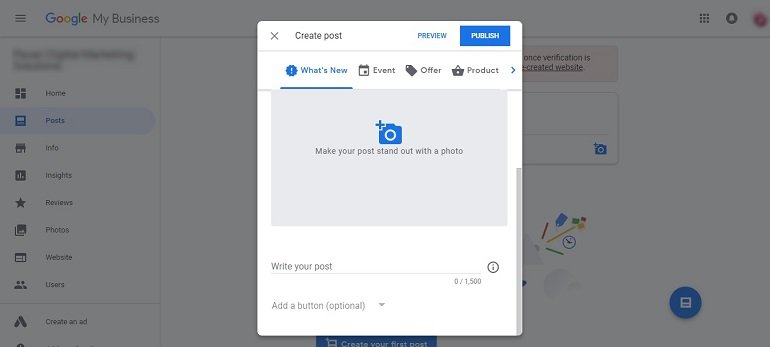 Create post in google my business dashboard