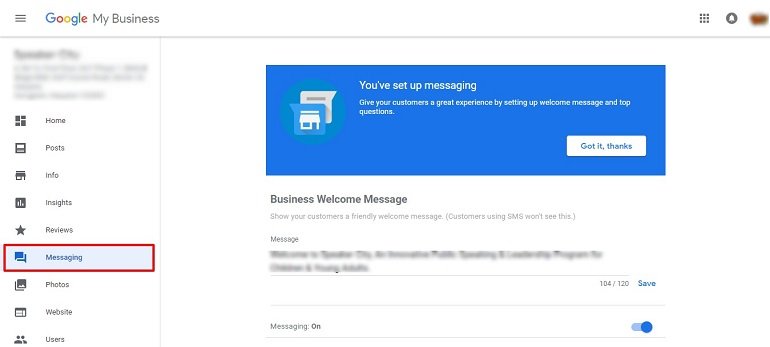 Messages on google business page