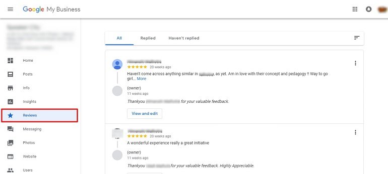 Customer Reviews on google my business