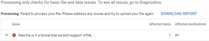 Feed file not supported in google merchant center