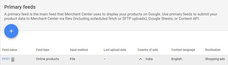 List of primary feeds in google merchant center