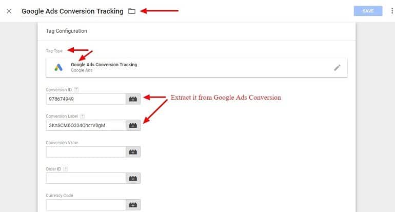 Tag configuration for Google Ads Conversion in Google Tag Manager