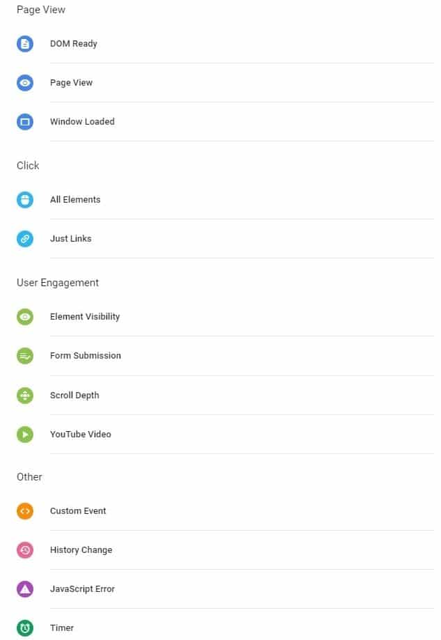 Type of triggers in google tag manager