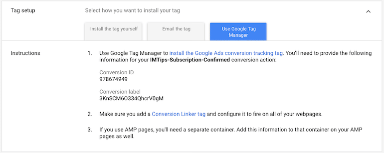 Conversion ID and Label from Google Ads for Google tag Manager