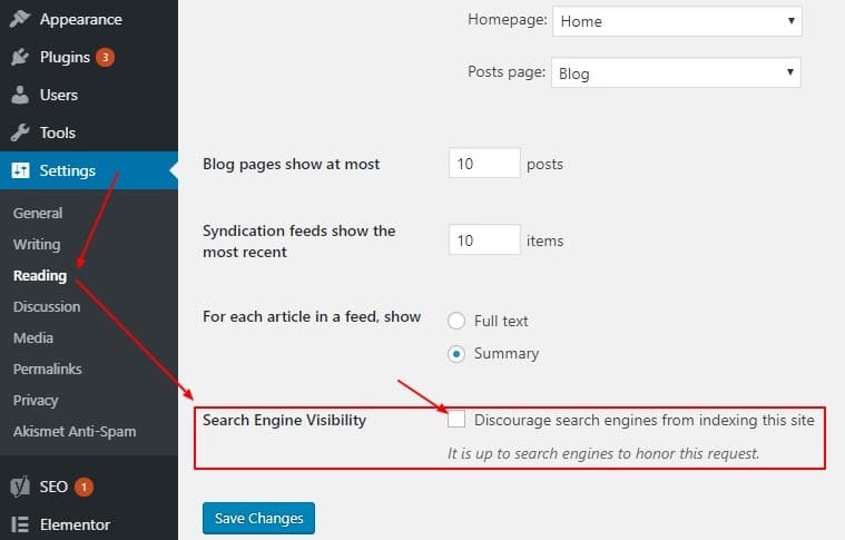 search engine visibility settings in wordpress dashboard