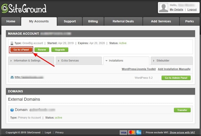 SiteGround my accounts go to cPanel