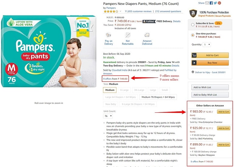 Pampers diaper example of multiple sellers selling one item on Amazon.in