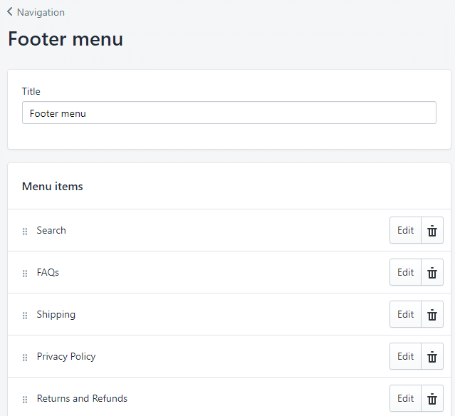 Footer menu in shopify account