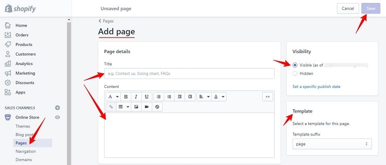 adding pages in shopify account