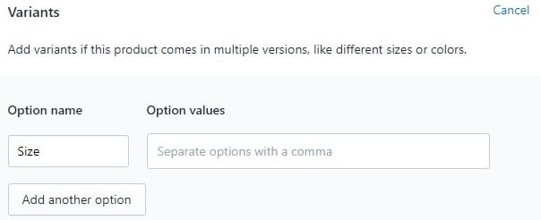 adding variants in shopify account