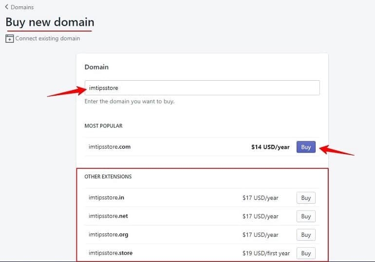 buy new domain from shopify store