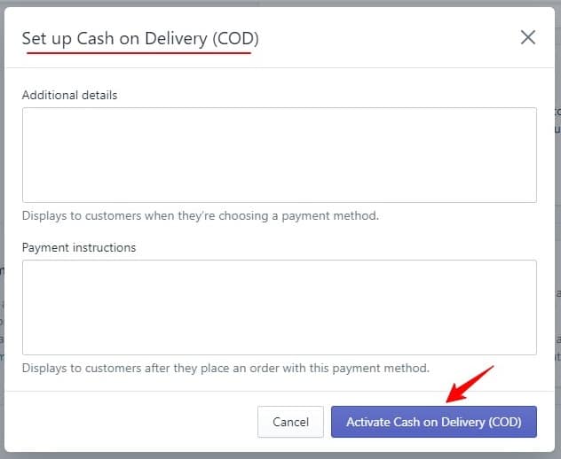 cash on delivery setup in shopify manual payment methods