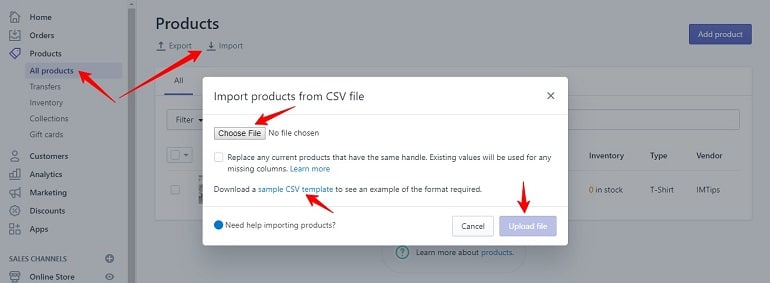 import products from csv file