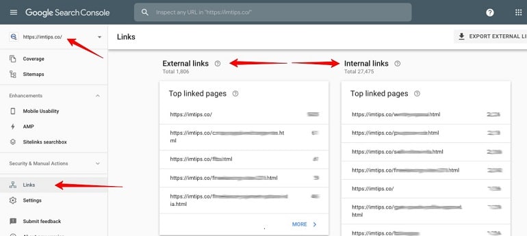 internal & external links in google search console