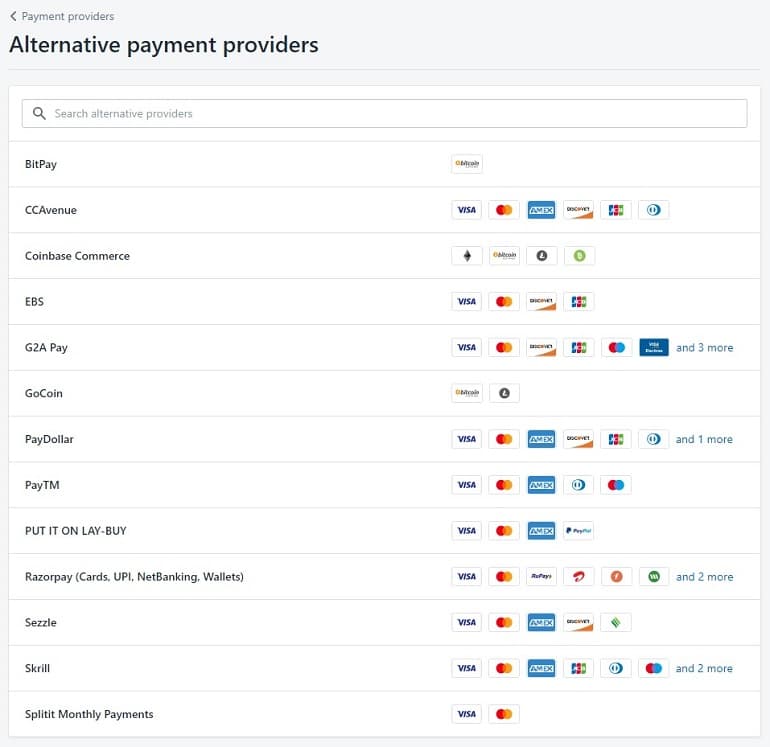 list of alternative payment providers in shopify