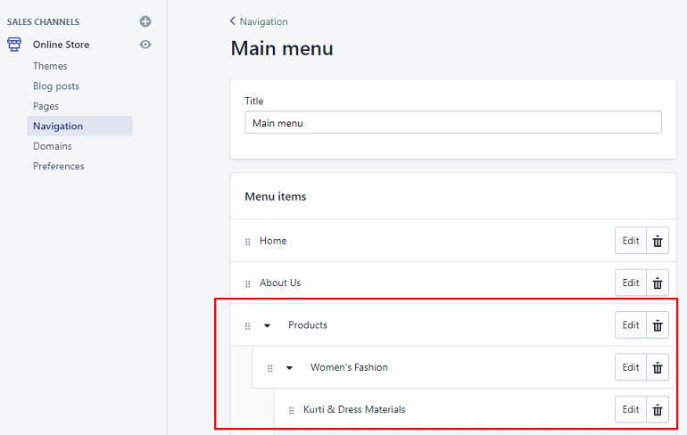 main header menu in shopify account