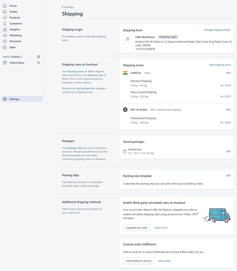 shipping settings in shopify store