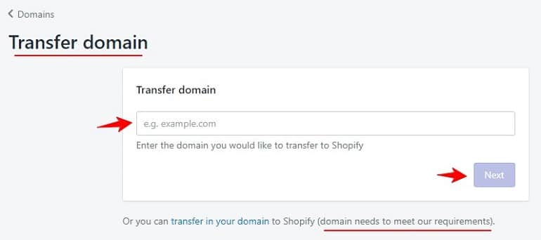transfer domain in shopify account
