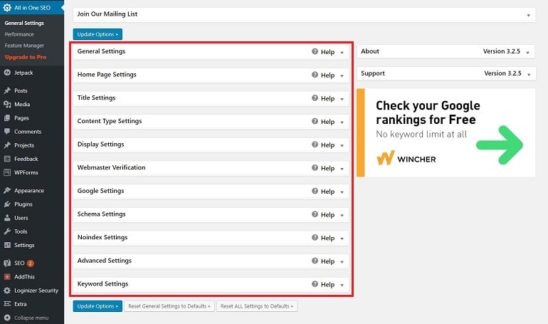 General Settings in the all in one seo plugin