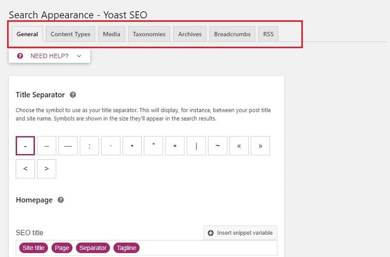 Search appearance settings in yoast SEO