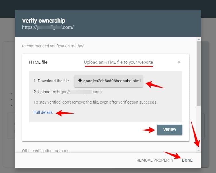 Website ownership verification methods in google search console