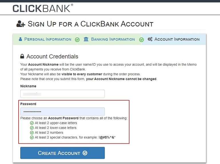 clickbank account info nickname & password