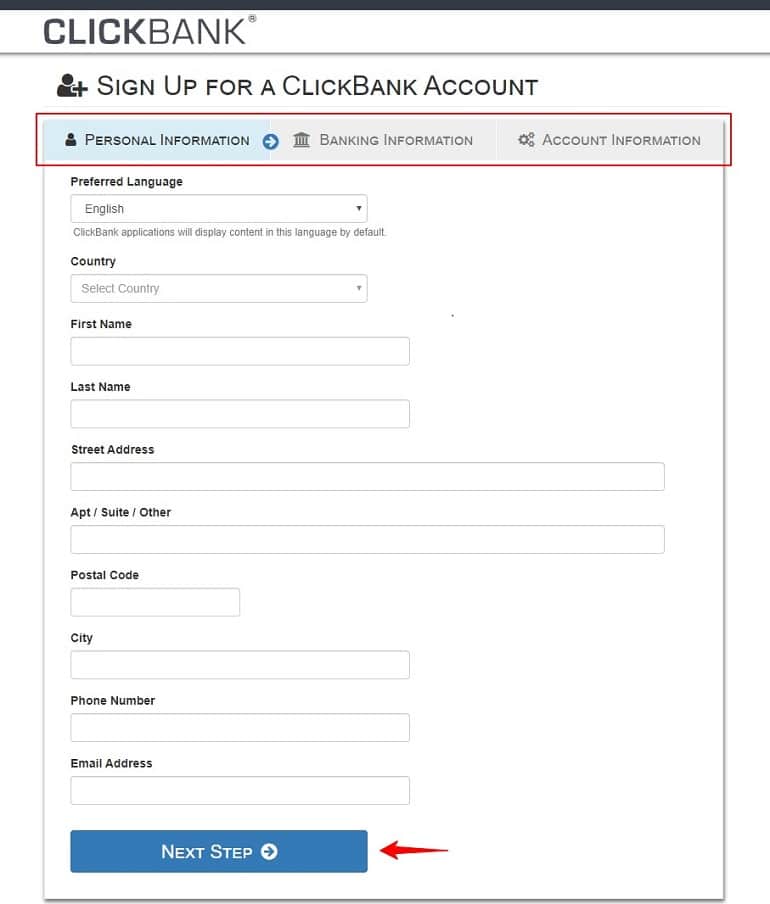 clickbank account sign up form to start Selling as a Vendor With Clickbank