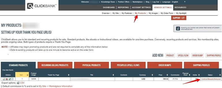 how to request approval for products on clickbank