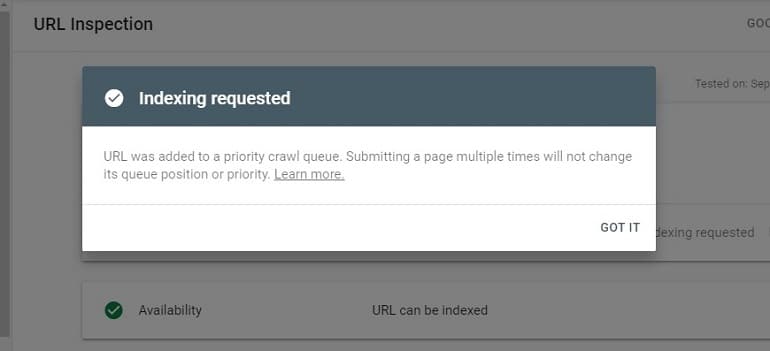 indexing request in the google search console