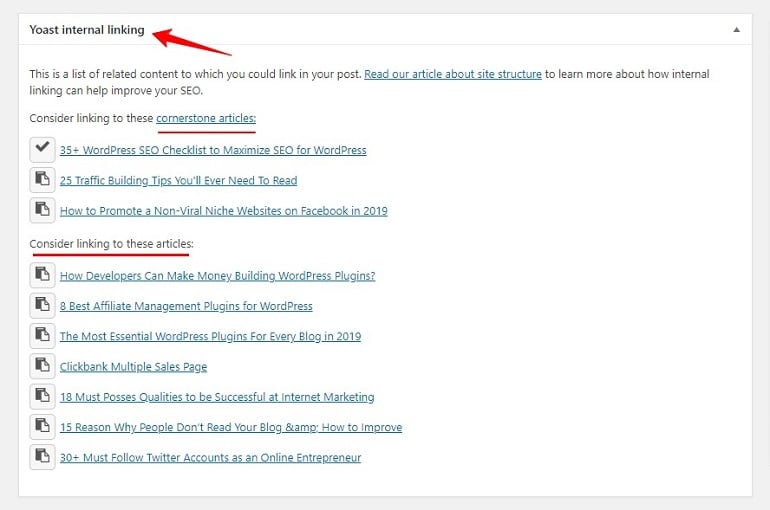 internal linking tool in yoast seo plugin