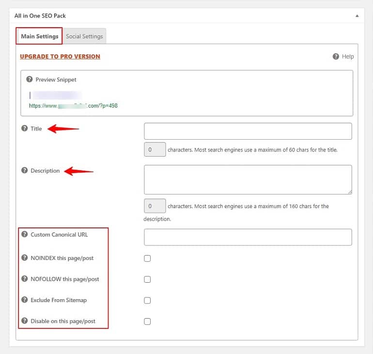 main settings in all in one seo pack plugin
