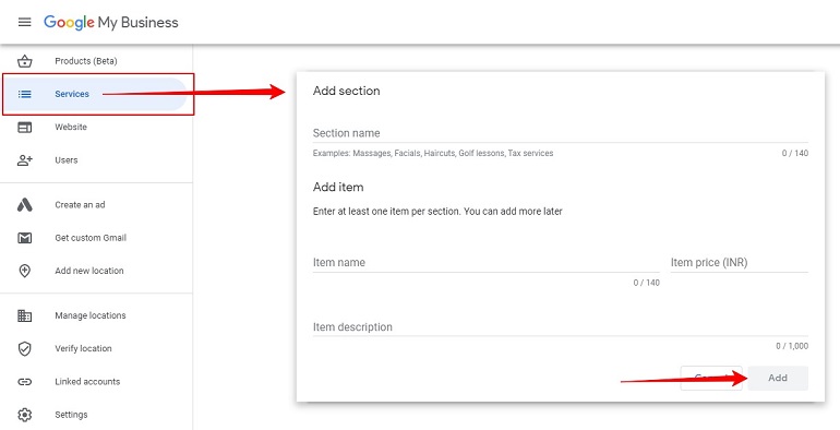add section in services area of google my business listing