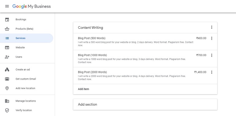 example services added in gmb listing