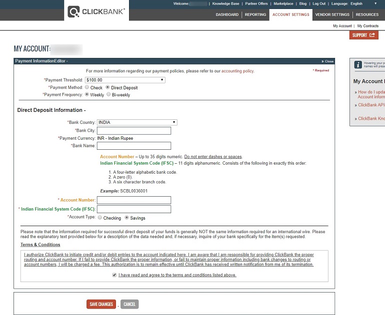 payment information editor in clickbank