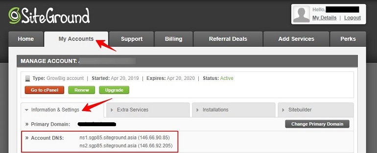 Account dns in siteground