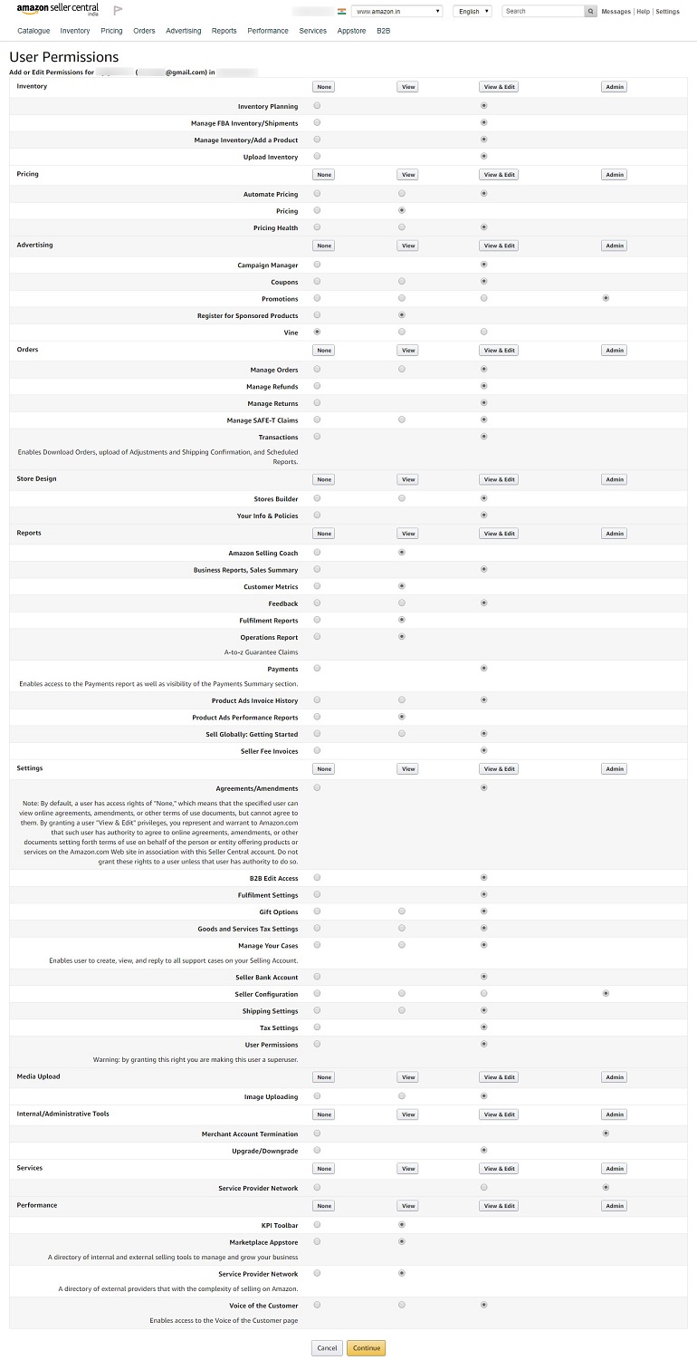 add or edit upser permissions in amazon india account