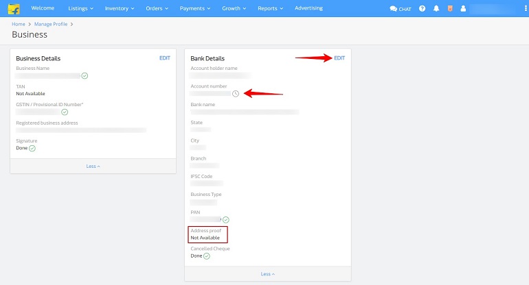 business and bank details in manage profile in flipkart