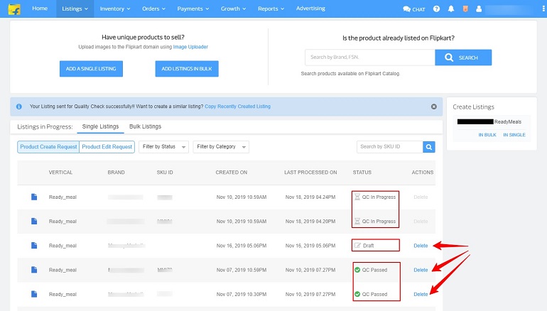 listing status in flipkart