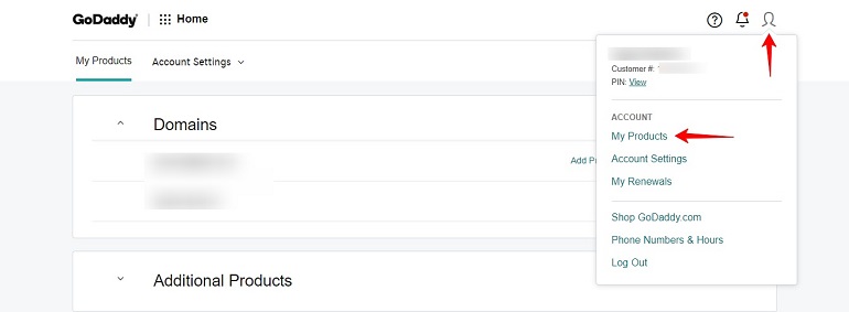 my products under account settings in godaddy