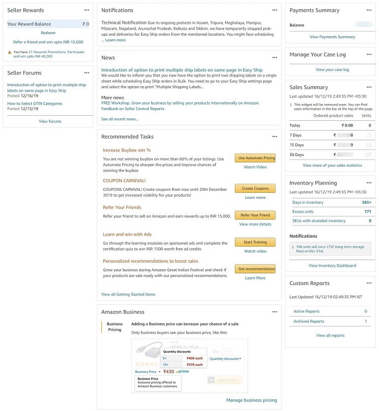 Amazon india seller central dashboard interactive widgets