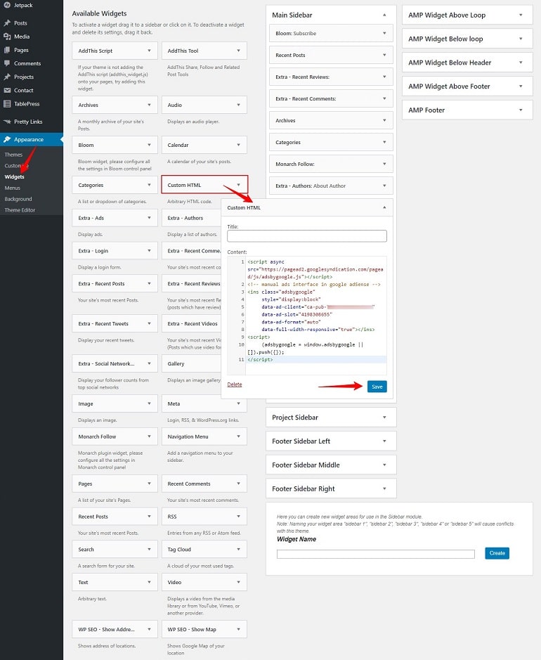 adding adsense code in custom html widget in wordpress