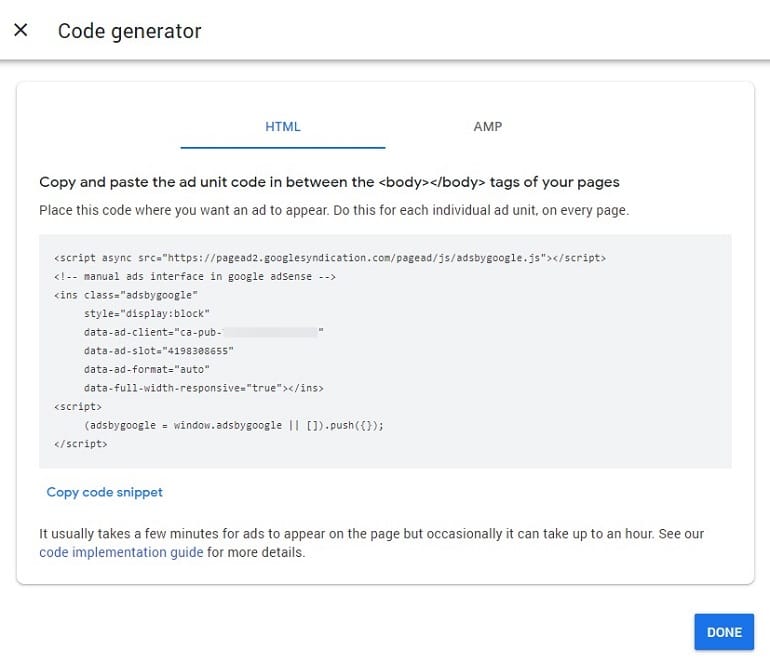 code generator for manual ads in google adSense