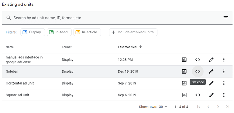 get code option under existing ad units in google adsense